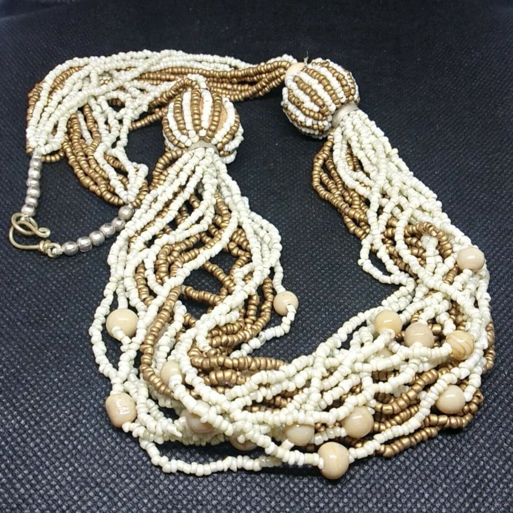 Gold Beaded Ivory Necklace Seed Beads Bohemian Neutral India